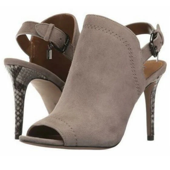 Coach Kearney Taupe Suede Leather Snake Print Peep Toe Heels - Picture 12 of 12